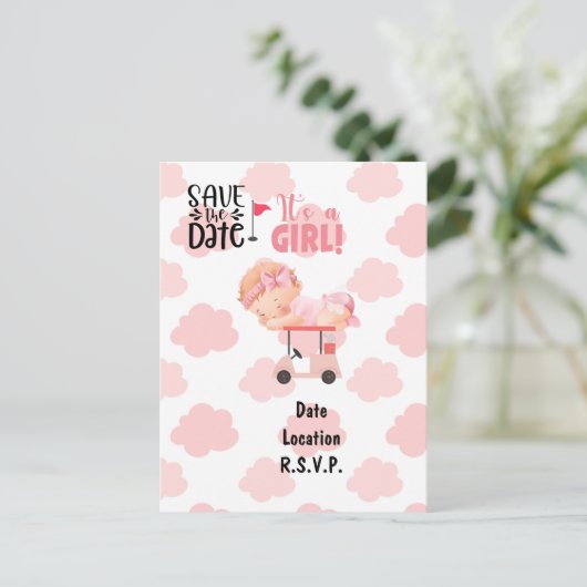 Golf baby shower baby girl golfer roze briefkaart (Staand voorkant)
