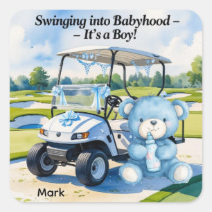 Golf Baby shower Boy met Teddy Bear Golfkar Vierkante Sticker
