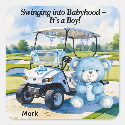 Golf Baby shower Boy met Teddy Bear Golfkar Vierkante Sticker (Voorkant)