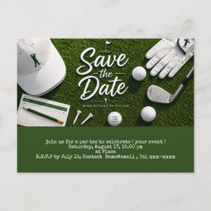 Golf bewaar de datum met golfbal en zandwedge briefkaart