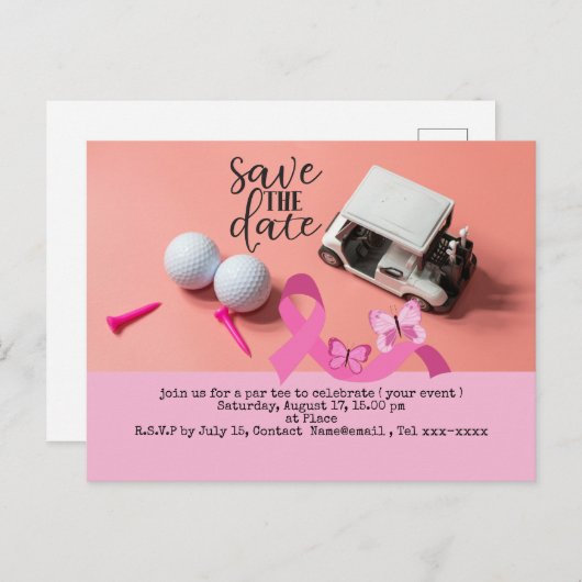 Golf bewaar de datum van het Bewustmakingsroze van Briefkaart (Voorkant / Achterkant)