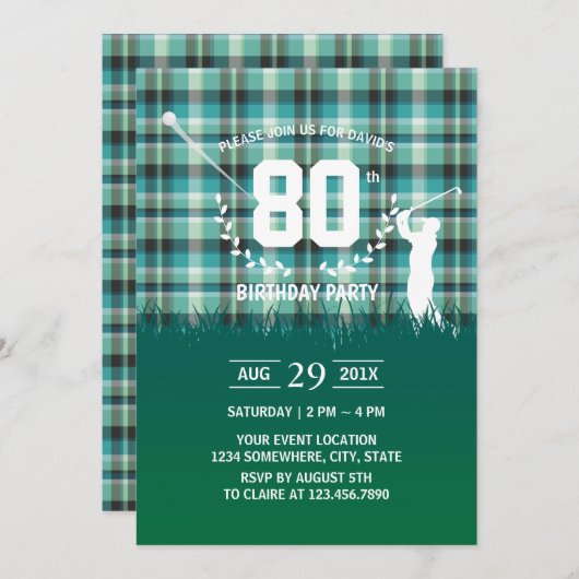 Golf Birthday Party Green Gingham Pattern Kaart (Voorkant / Achterkant)