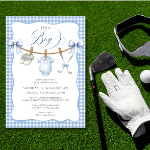 Golf Blauw Gingham Waslijn Baby Jongen Shower Kaart