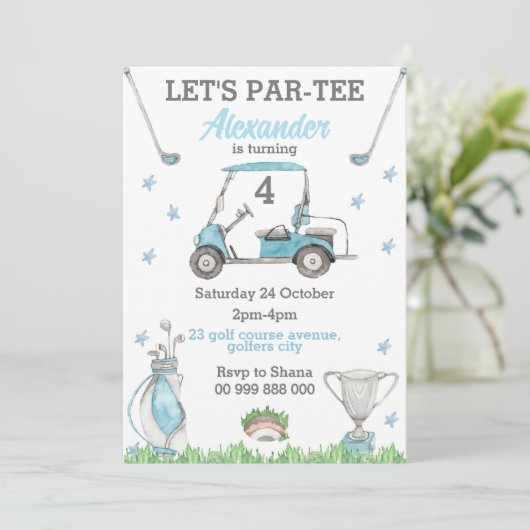 Golf Blue Par Tee Invitation Anniversaire (Debout devant)