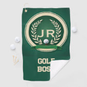 Golf Boss Heraldry Emblem Custom Name Ivory Green Golfhanddoek (Insitu)