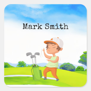 Golf boy golfer in de golfbaan vierkante sticker