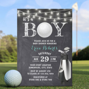 Golf Boy Rustic Chalkboard Baby shower Kaart