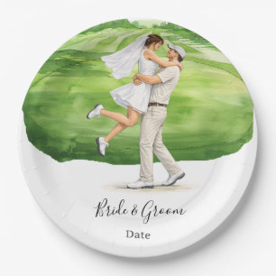 Golf bruiloft Bruid en Bruidegom op Putting Green Papieren Bordje