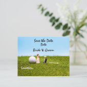 Golf bruiloft met bruid en bruom, bespaart de datu briefkaart (Staand voorkant)