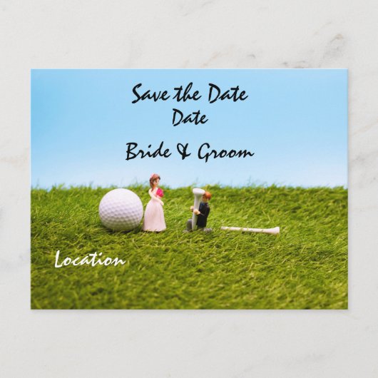 Golf bruiloft met bruid en bruom, bespaart de datu briefkaart (Voorkant)