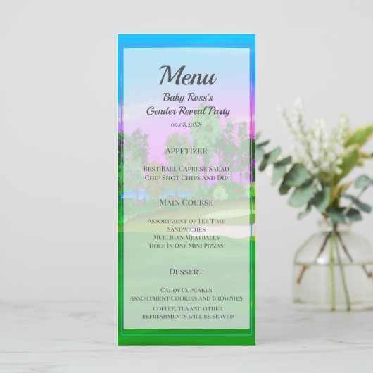 Golf Carts on Course Gender onthulling Baby shower Menu (Staand voorkant)