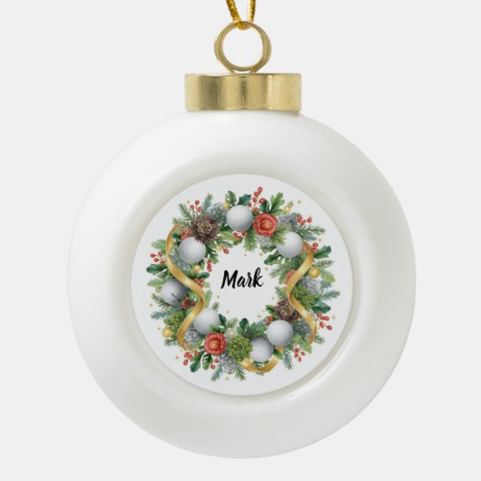 Golf Christmas Wreath with Golfer Name Keramische Bal Ornament (Voorkant)
