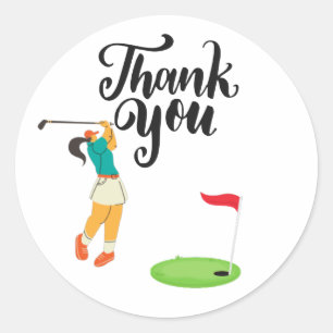 Golf Dank je wel met tekst en vlag Golfer Woman Ronde Sticker