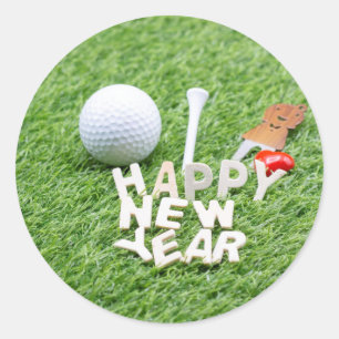 Golf Gelukkig Nieuwjaar met golfbal en cadeau Ronde Sticker