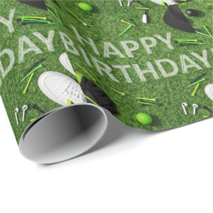 Golf Gelukkig Verjaardag met golfspullen op groen Cadeaupapier