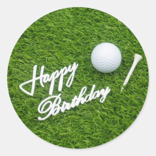 Golf gelukkige verjaardag met bal en t-shirt op gr ronde sticker