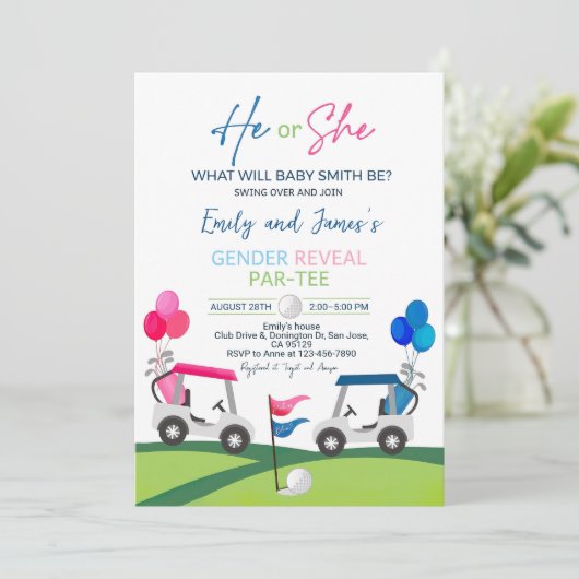 Golf Geslacht Reveal Uitnodiging Hij of Zij Golfen (Staand voorkant)