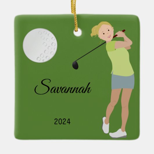 Golf Girl Blonde Keramisch Ornament (Voorkant)