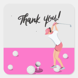 Golf Girl Lady Woman Golfing Dank u roze Vierkante Sticker