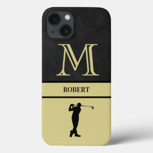 Golf Guy Black Leather Texture Monogram Name iPhone 13 Hoesje
