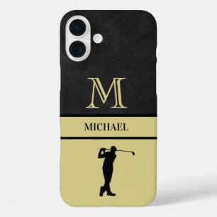 Golf Guy Black Leather Texture Monogram Name iPhone 16 Plus Hoesje