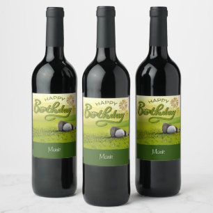 Golf Happy Birthday met golf- en ijzeren bal Wijn Etiket