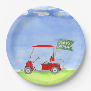 Golf Happy Birthday met golfkarretpapier Papieren Bordje