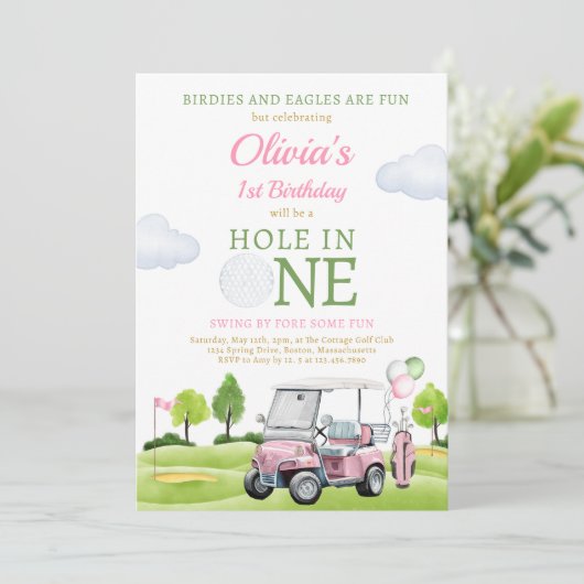 Golf Hole in één meisje, eerste verjaardag T-shirt Kaart (Staand voorkant)