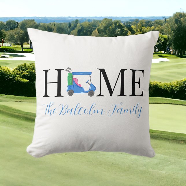 Golf Home Blauw Golfkar Hart Familienaam Kussen (Creator heeft geüpload)