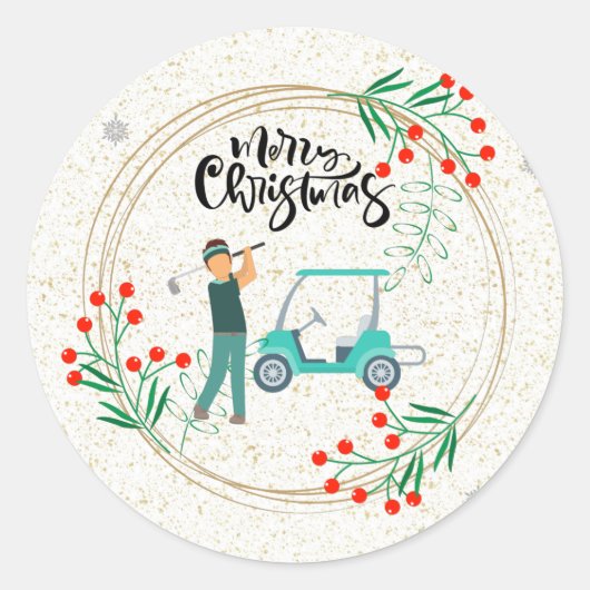 Golf Kerst Gofer en kar met bloemenkrans Ronde Sticker (Voorkant)