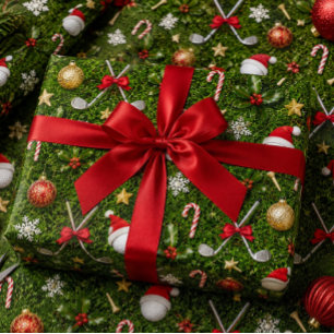 Golf Kerst Uitrusting Patroon op Groen Gras Cadeaupapier