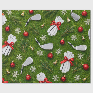 Golf Kerst Uitrusting Patroon op Groen Gras Cadeaupapier