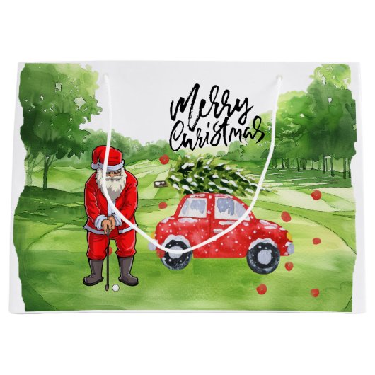Golf kerstboom op rode auto met kerstman groot cadeauzakje (Voorkant)