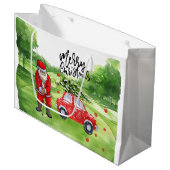 Golf kerstboom op rode auto met kerstman groot cadeauzakje (Voorkant Gekanteld)