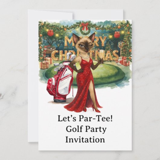 Golf kerstfeest met kat op het zetten van groen kaart (Voorkant)
