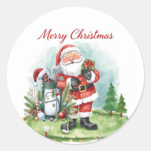 Golf kerstkerstman met golfkarretje ronde sticker
