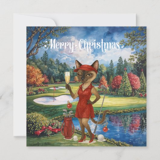 Golf Kerstmis thema met Siamese Cat Golfer Feestdagenkaart (Voorkant)