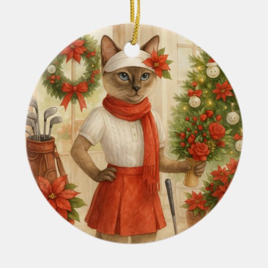 Golf Kerstmis thema voor Cat Golfer Keramisch Ornament (Voorkant)