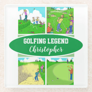 Golf Legend met 4 Funny Cartoons Golf Glazen Onderzetter