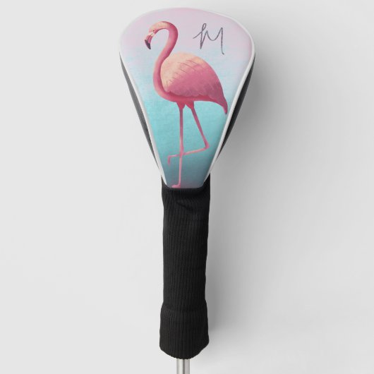 Golf Lover Flamingo Roze Blauw Elegant Monogram Golfheadcover (Voorkant)