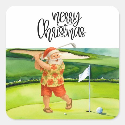 Golf Merry Kerstmis met kerstman Vierkante Sticker (Voorkant)