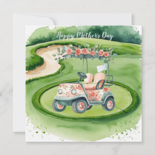 Golf Moederdag met golfkar en bloemen Kaart