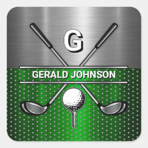 Golf Monogram Metaal Groen en Zilver Vierkante Sticker