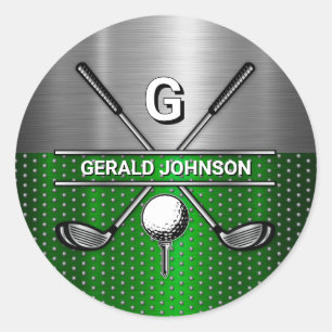 Golf Monogram Metallic Groen en Zilver Ronde Sticker