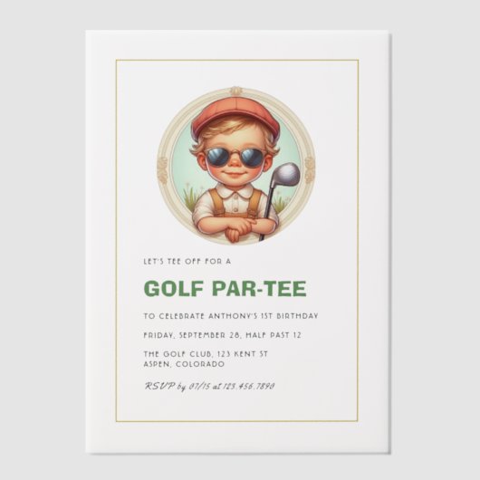  Golf Par-T-shirt 1e Verjaardag Jongen Vellum Uitnodigingen (Voorkant)