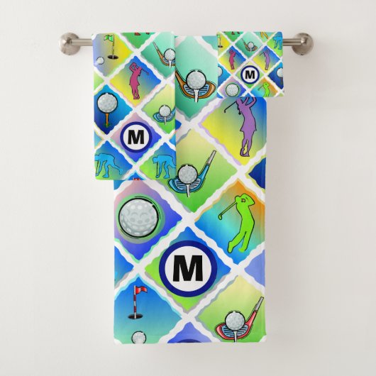 Golf Pattern Blue Initiaal Bad Handdoek (Insitu)