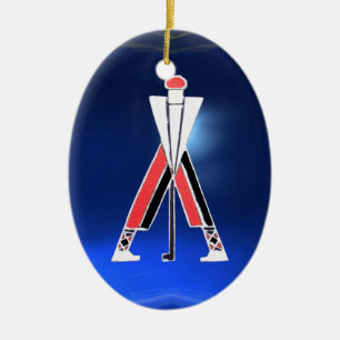 GOLF PLAYER, GOLFER RED RUBY, BLUE SAPPHIRE MONOGR KERAMISCH ORNAMENT