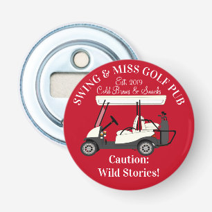 Golf Pub Golf Cart Beer & Snacks Wilde Verhalen Button Flesopener