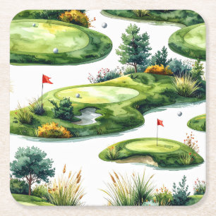 Golf Putting Green met rode vlag Vierkante Kartonnen Onderzetter