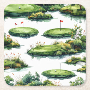 Golf putting green met rode vlag vierkante kartonnen onderzetter